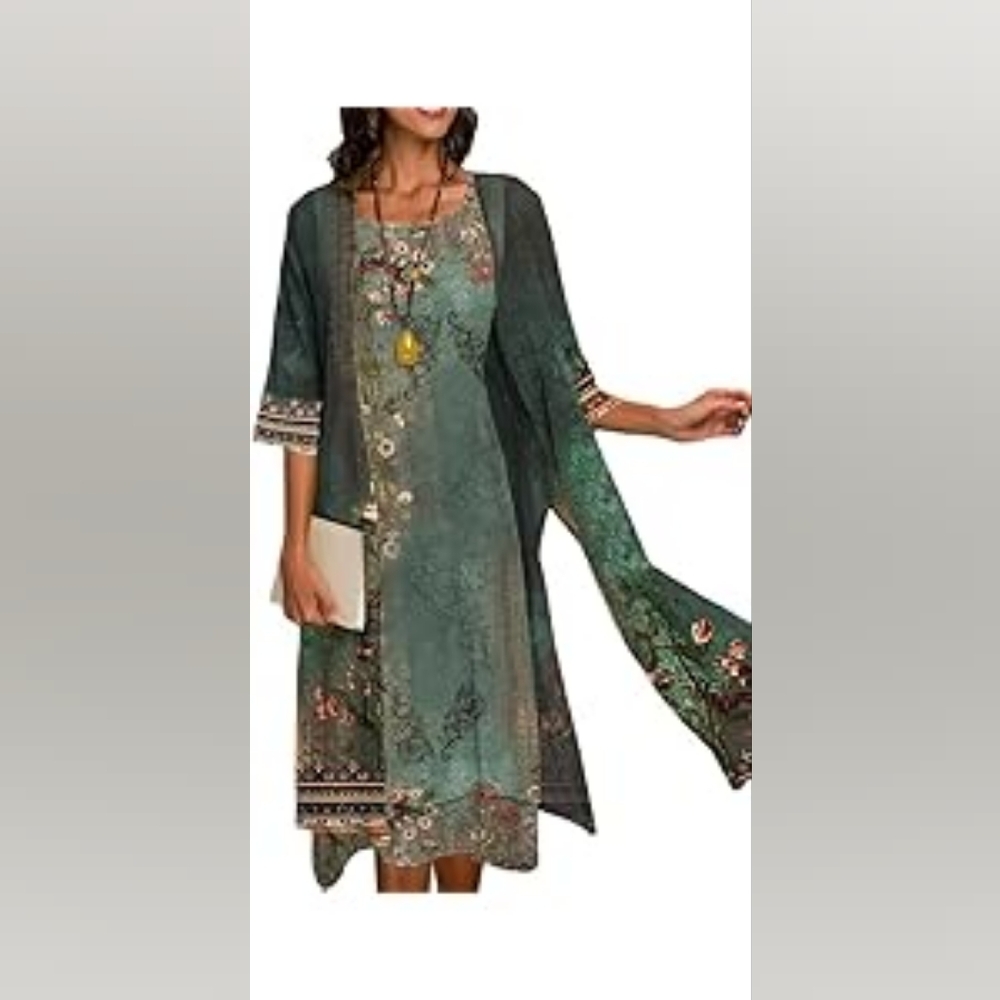 Floral Green Dress with Sheer Overlay